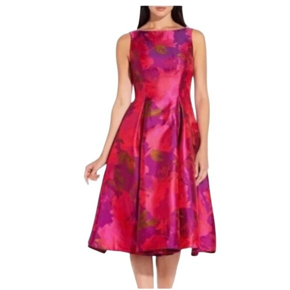 Adrianna Papell Floral Fit and Flare Dress 10 Jacquard Cocktail Easter Wedding - Picture 9 of 13